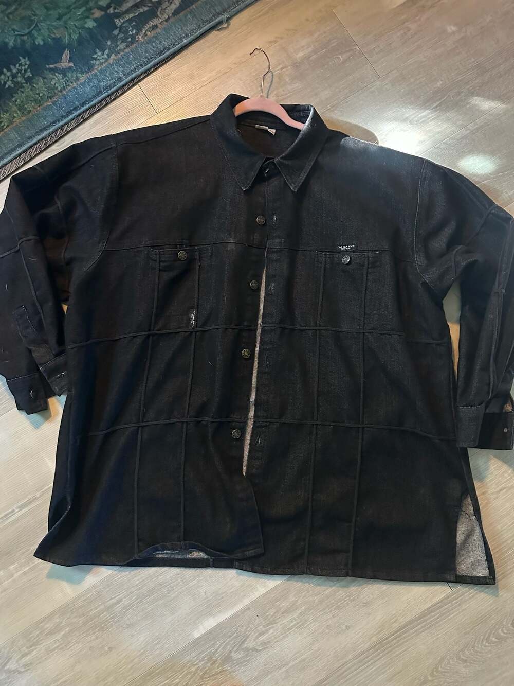 Vea-Le New York Black Denim Patchwork Button Down Shirt